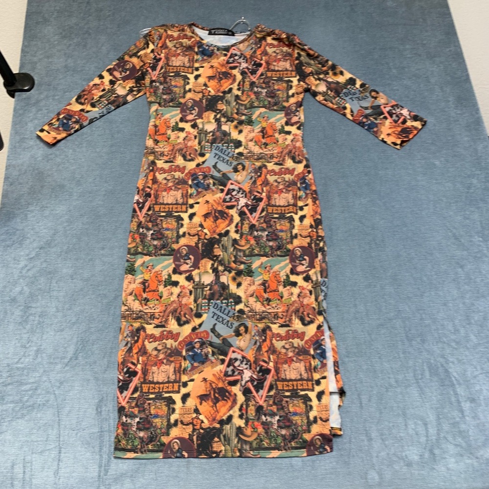 Lucky & Blessed Midi Dress Womens Medium Multicolor Abstract Print Long Sleeve